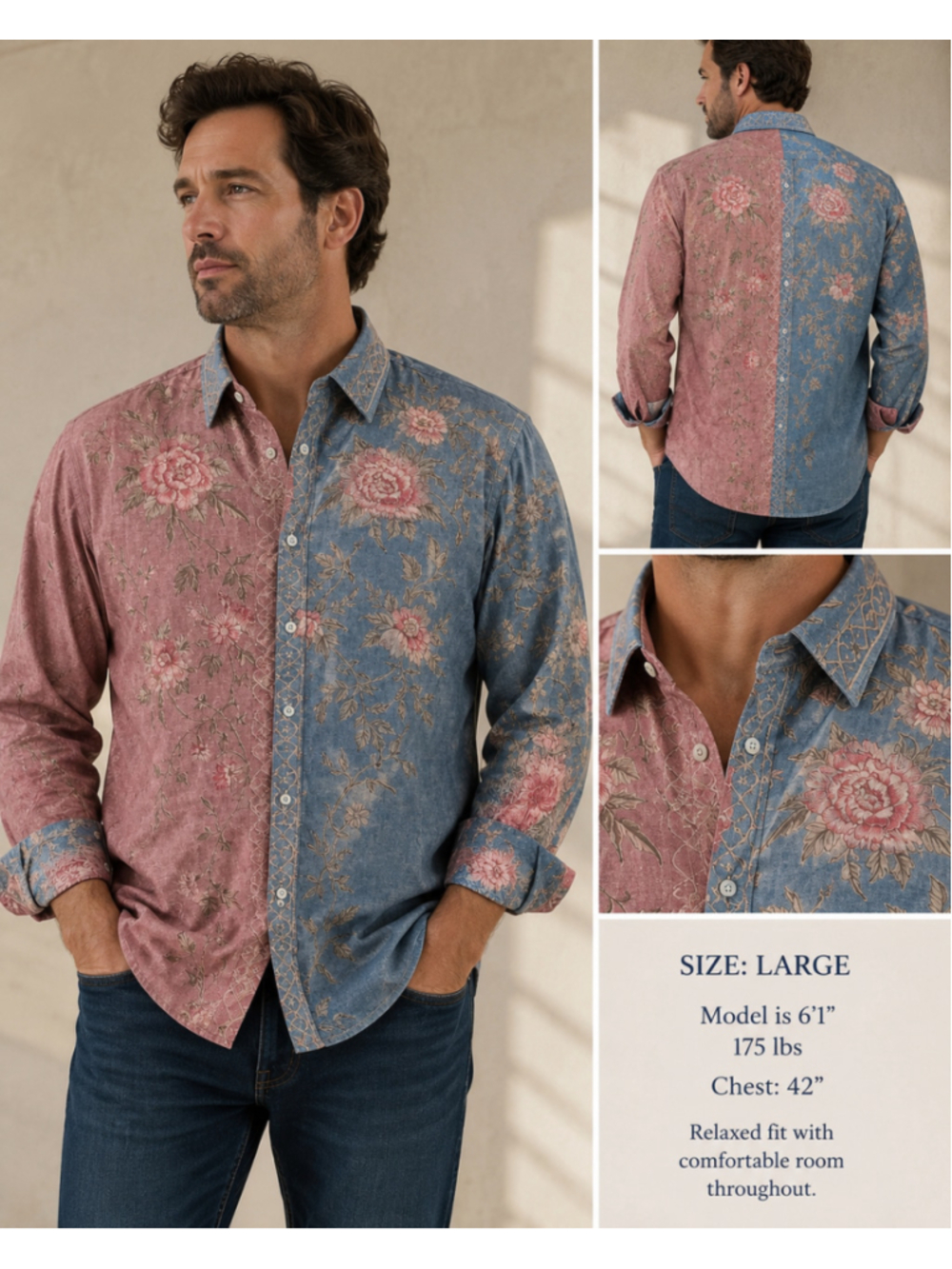 Men's Floral Button Down Shirt Size L Blue Pink
